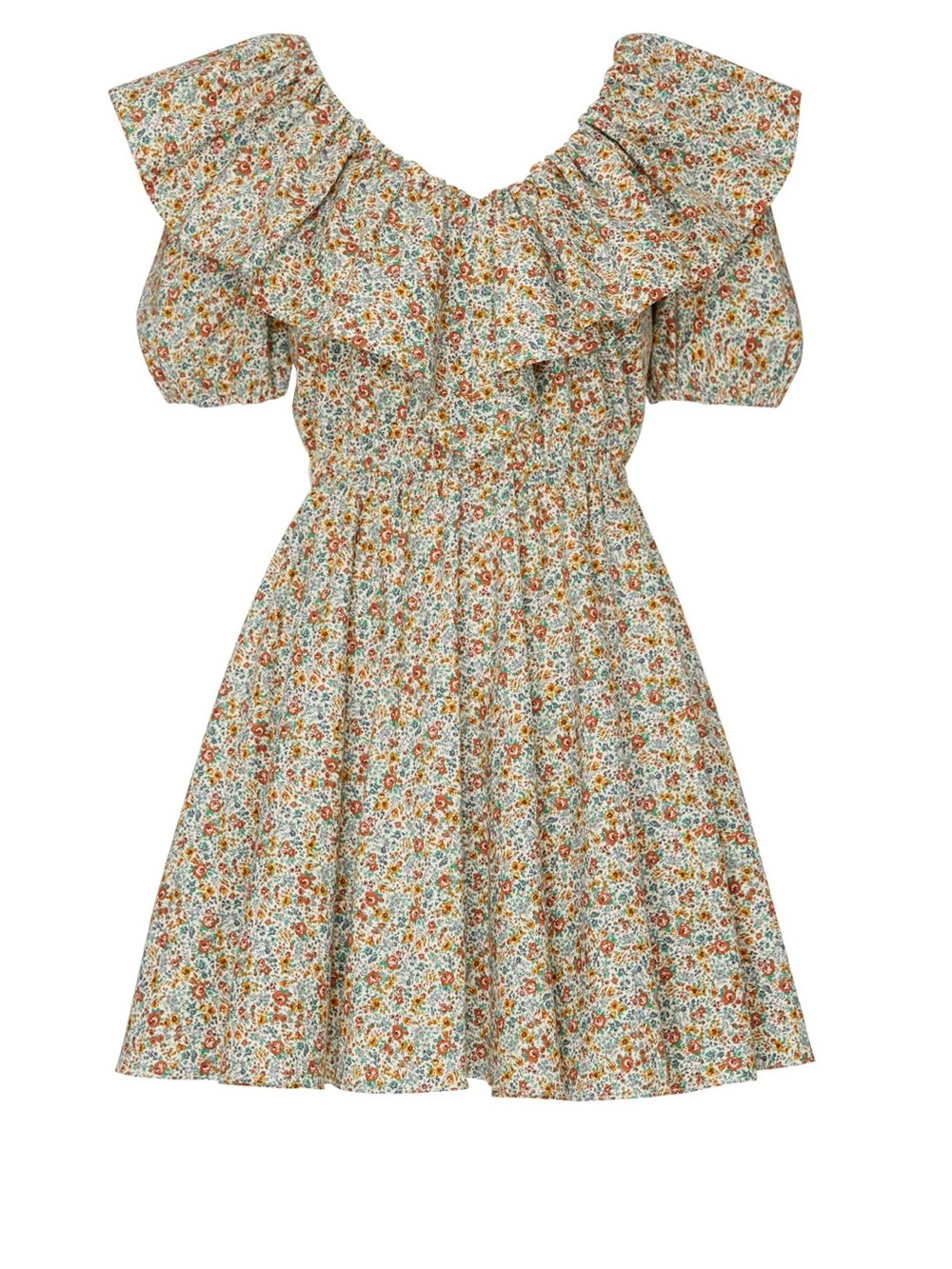 Petersyn Floral Ruffle Midi Dress in Cream with Orange & Blue Flowers